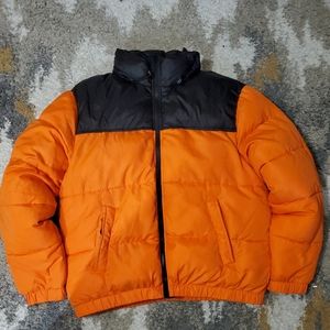 H&M Divided Puffer Jacket Size L Black & Orange Coat w/Hood